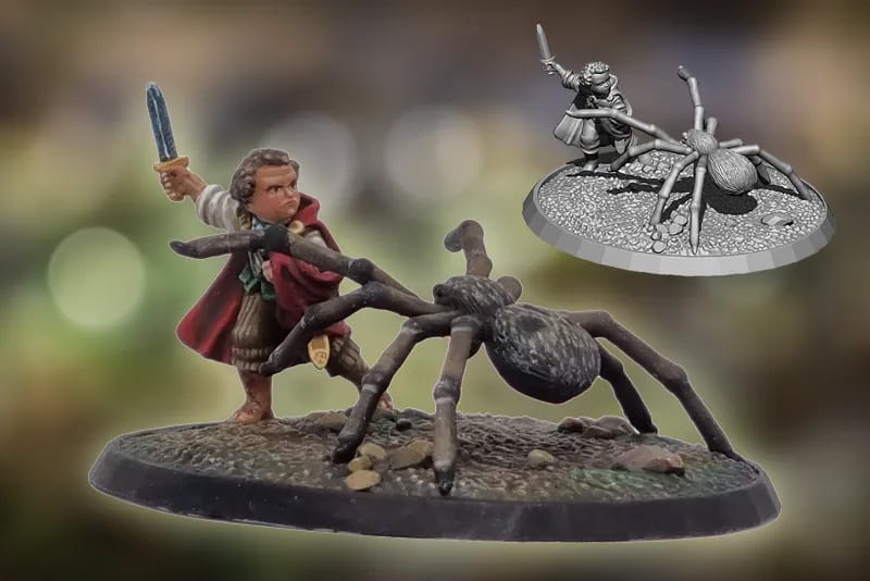 A detailed miniature figurine shows a person in medieval attire holding a sword and fighting a large spider. Another version of the same miniature, unpainted and in grey, is displayed in the background. The backdrop is blurred, highlighting the figurine.